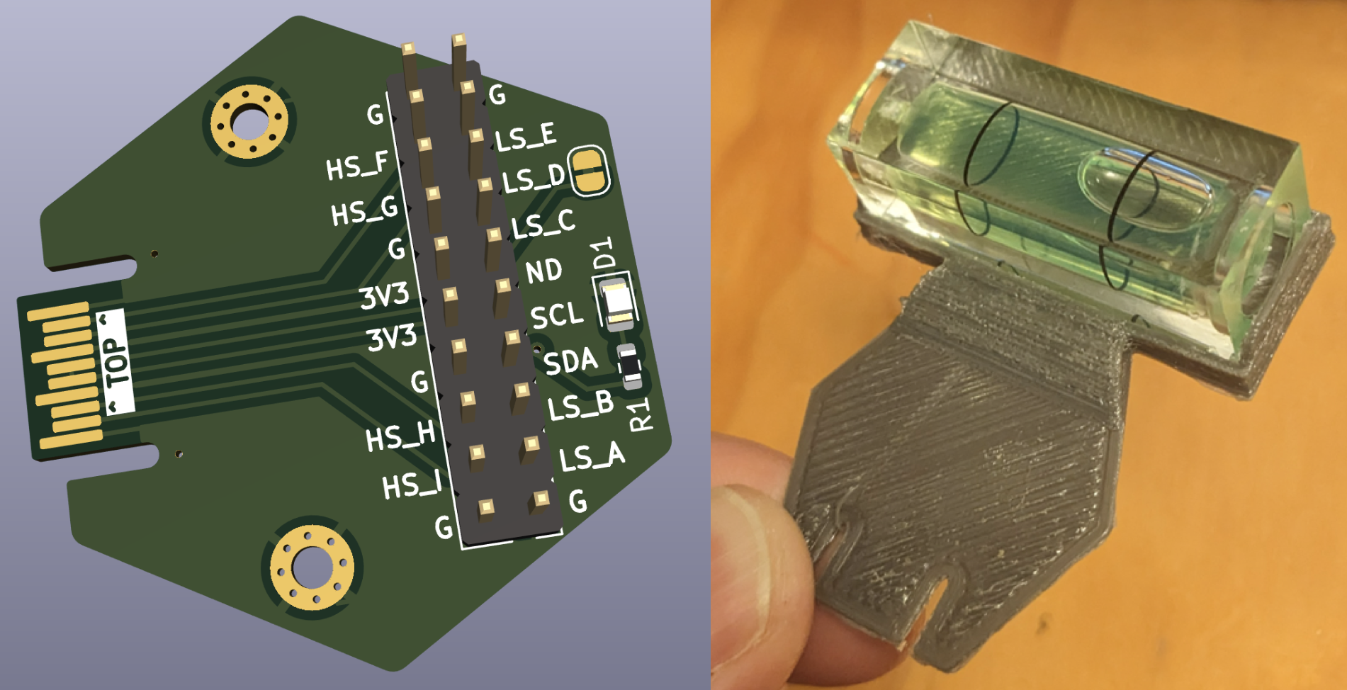 Two hexpansions, one a render of an example circuit board, the other a small spirit level, attached to a 3D printed hexagonal mount with notches to attach it to the badge.