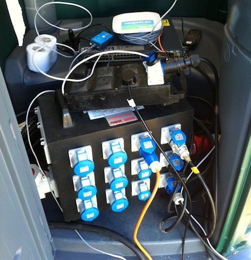 A lot of power sockets inside a portable toilet